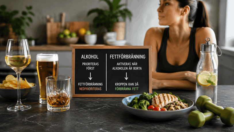 Kvinna sitter vid ett bord där det finns olika alternativ - alkohol eller nyttig kost.